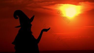 女巫吹魔法粉背景向上太阳